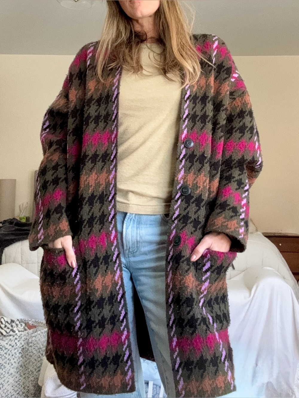 NAADAM 100% Wool Plaid Houndstooth Long Cardigan Coatigan Size XS